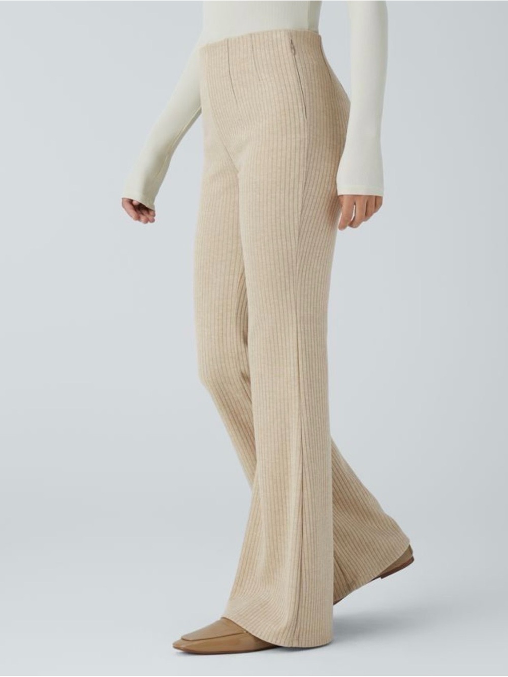 HALARA Ribbed Flare Knit Pants in Beige